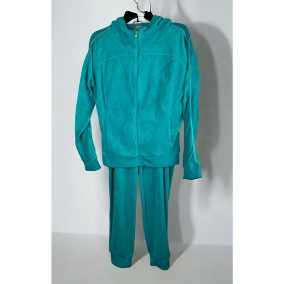 Juicy Couture Y2K Terry Velour Track Jacket Pants Teal Rhinestone J Jogger Set L - Picture 3 of 16